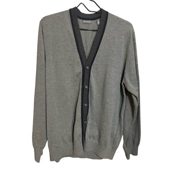 Van Heusen Cardigan Mens L Sweater Gray Blue Trim Grandpa Career Professor - Picture 1 of 10